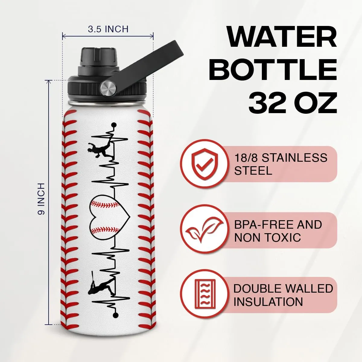 SANDJEST Baseball Water Bottle 32oz Stainless Steel Insulated Bottle for Men, Women, Sports Lovers - Baseball Gifts for Birthday, Christmas