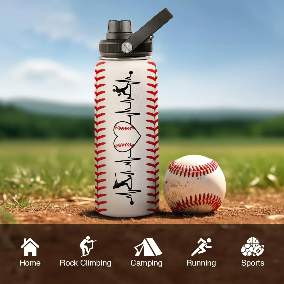 SANDJEST Baseball Water Bottle 32oz Stainless Steel Insulated Bottle for Men, Women, Sports Lovers - Baseball Gifts for Birthday, Christmas