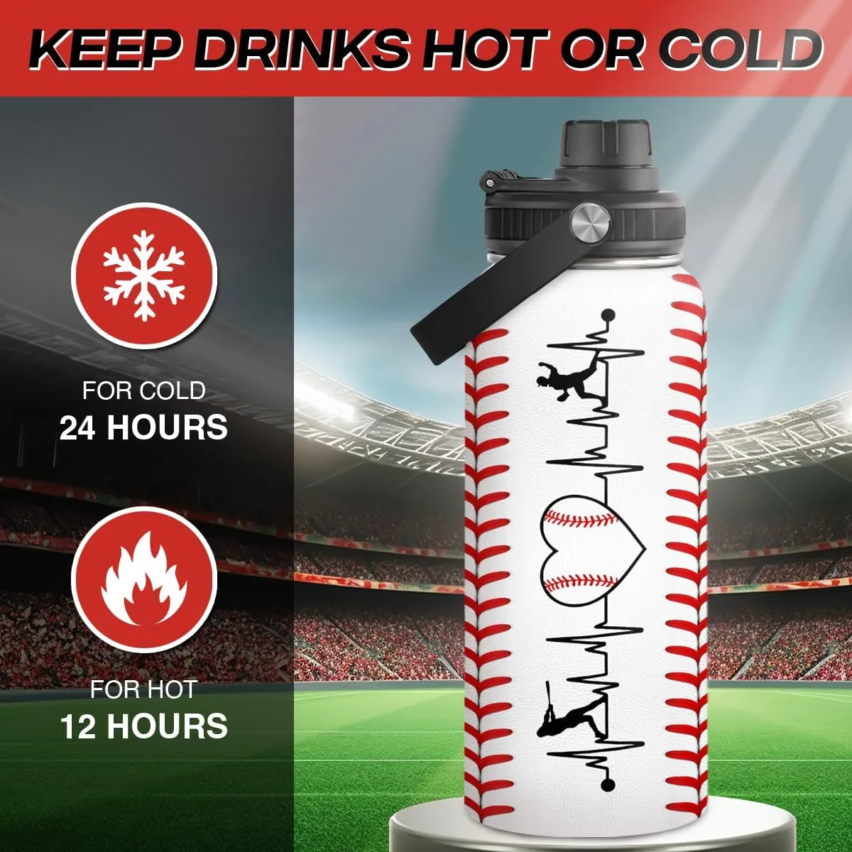 SANDJEST Baseball Water Bottle 32oz Stainless Steel Insulated Bottle for Men, Women, Sports Lovers - Baseball Gifts for Birthday, Christmas