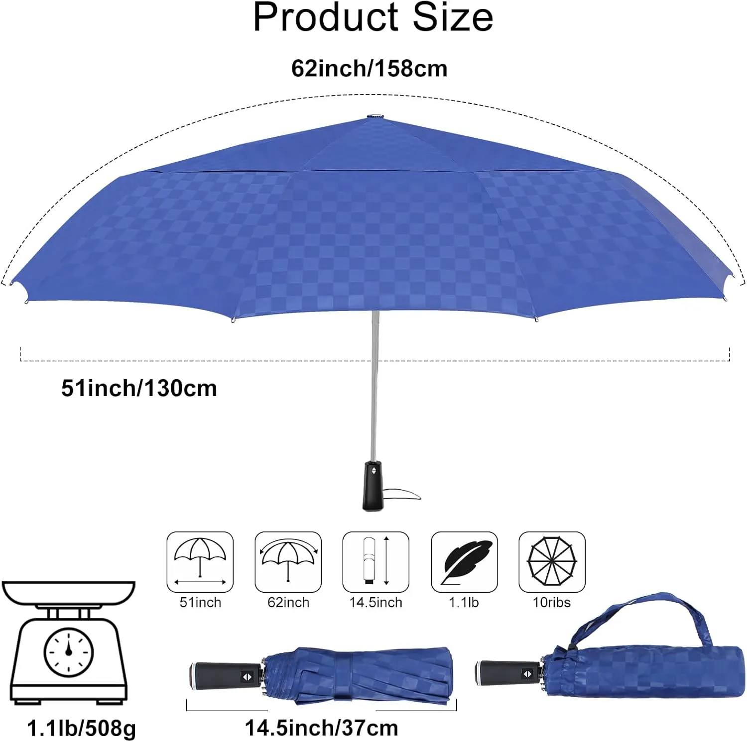 Satol 46/54/62 Inch Large Golf Umbrella, Windproof 10 Ribs Automatic Open/Close Oversize Double Canopy Vented Portable Folding Travel Umbrellas, UPF 50  Sun & Rain Compact Umbrellas for Outdoor