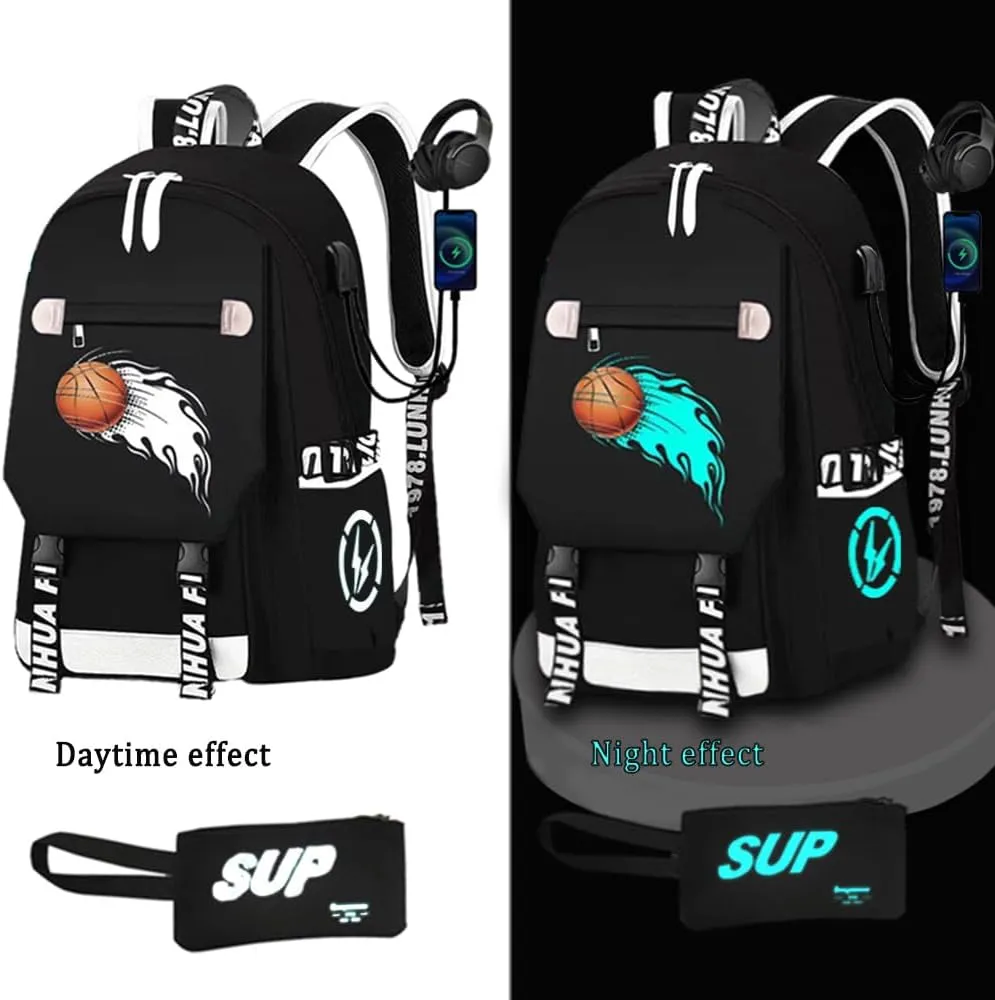 School Backpack for Boys Print Backpack Teenagers Anime Large School Bag Outdoor Reflective Daypack.Luminous Pattern Travel Laptop Backpack - With Usb Charging Port Headphone port Boy
