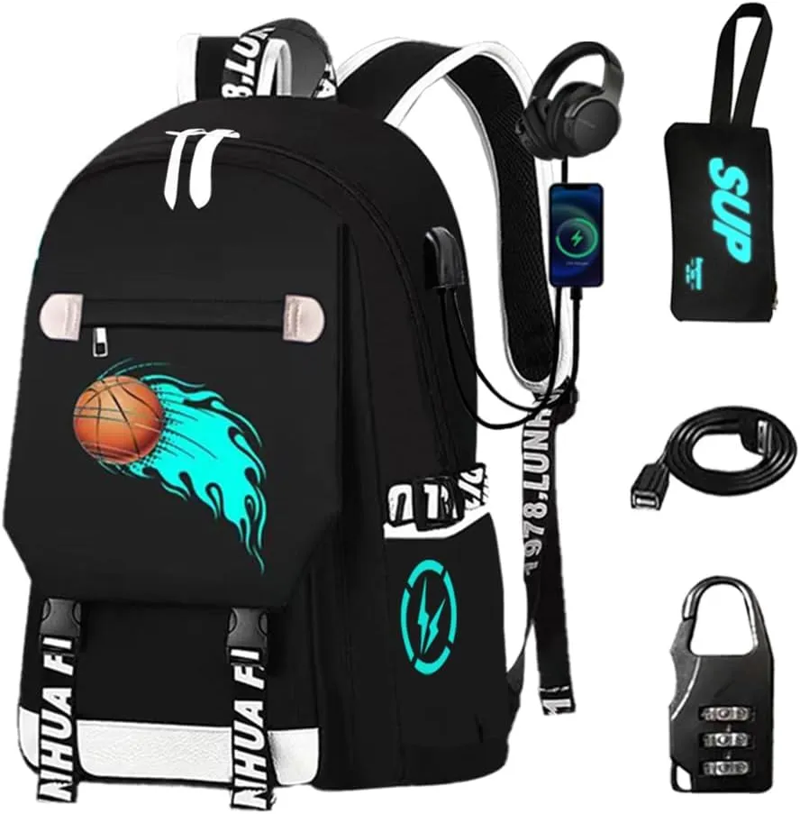 School Backpack for Boys Print Backpack Teenagers Anime Large School Bag Outdoor Reflective Daypack.Luminous Pattern Travel Laptop Backpack - With Usb Charging Port Headphone port Boy