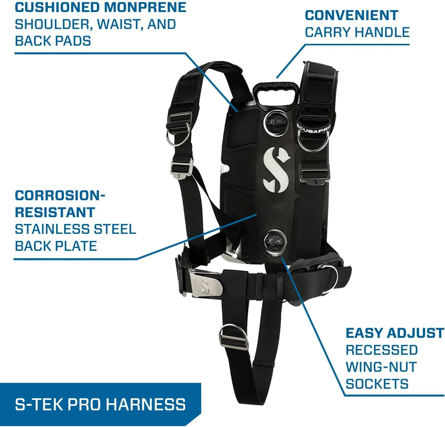 SCUBAPRO S-Tek Pro System for Technical Scuba Diving, Harness with Back Plate in Stainless Steel, Donut Wing 30 lbs/13 kg, Single Tank Adapter