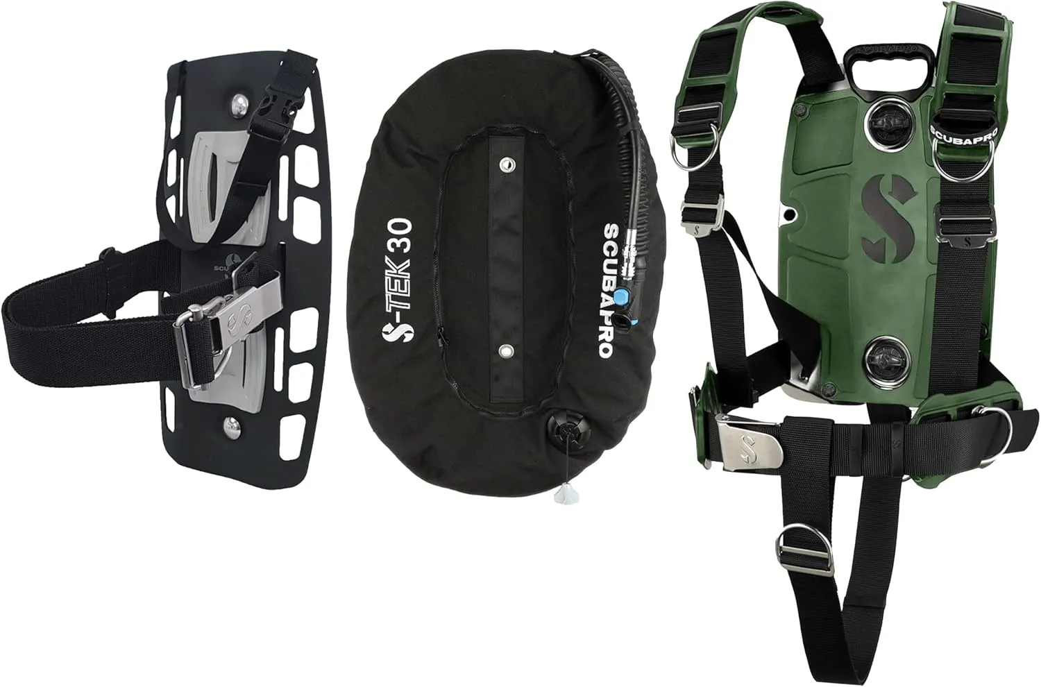 SCUBAPRO S-Tek Pro System for Technical Scuba Diving, Harness with Back Plate in Stainless Steel, Donut Wing 30 lbs/13 kg, Single Tank Adapter