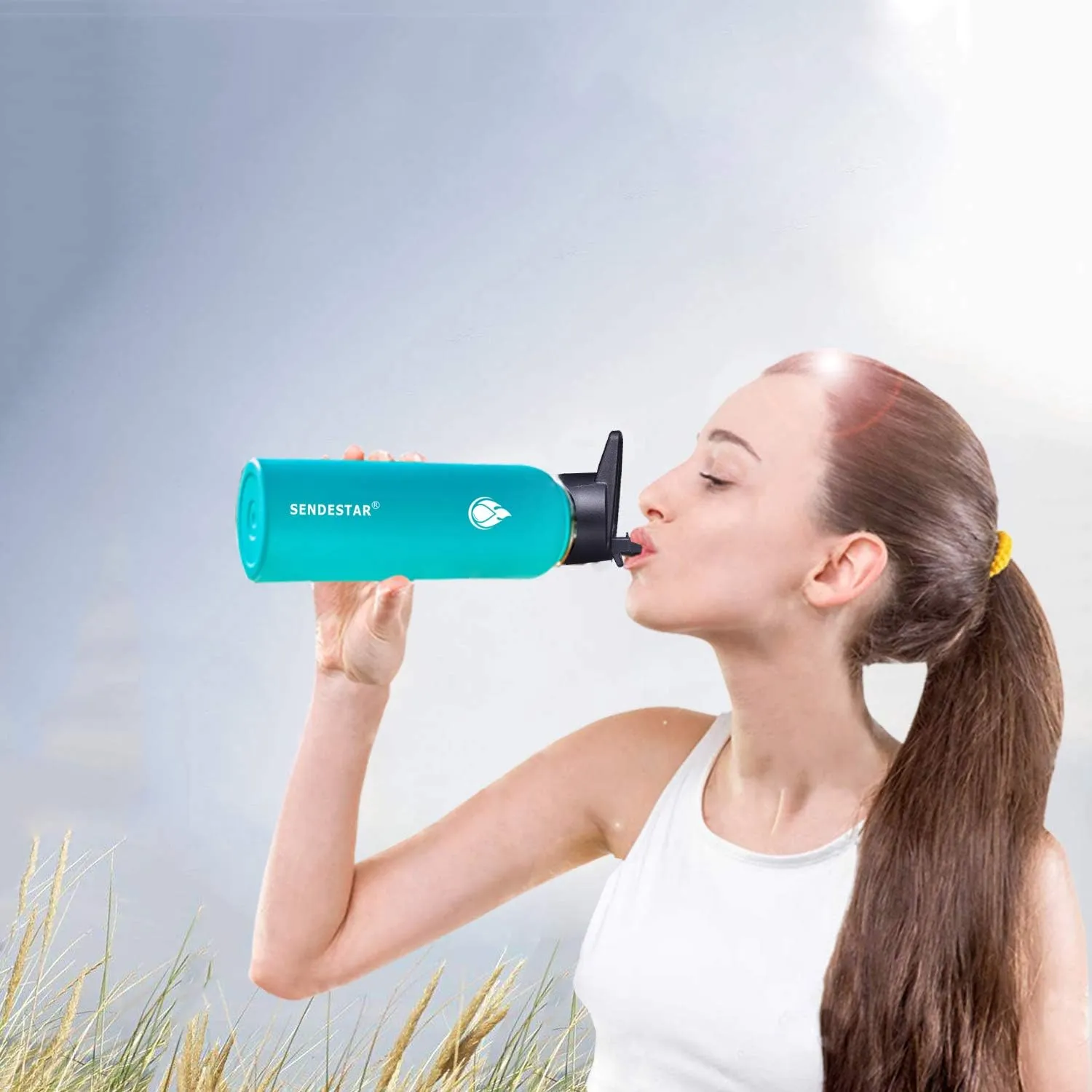 SENDESTAR 32 oz Double Wall Vacuum Insulated Leak Proof Stainless Steel Sports Water Bottle—Wide Mouth with Straw Lid & Flex Cap & Spout Lid (Yellow/Pink)