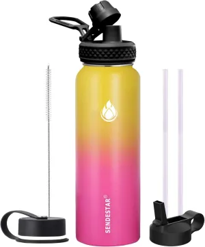 SENDESTAR 32 oz Double Wall Vacuum Insulated Leak Proof Stainless Steel Sports Water Bottle—Wide Mouth with Straw Lid & Flex Cap & Spout Lid (Yellow/Pink)