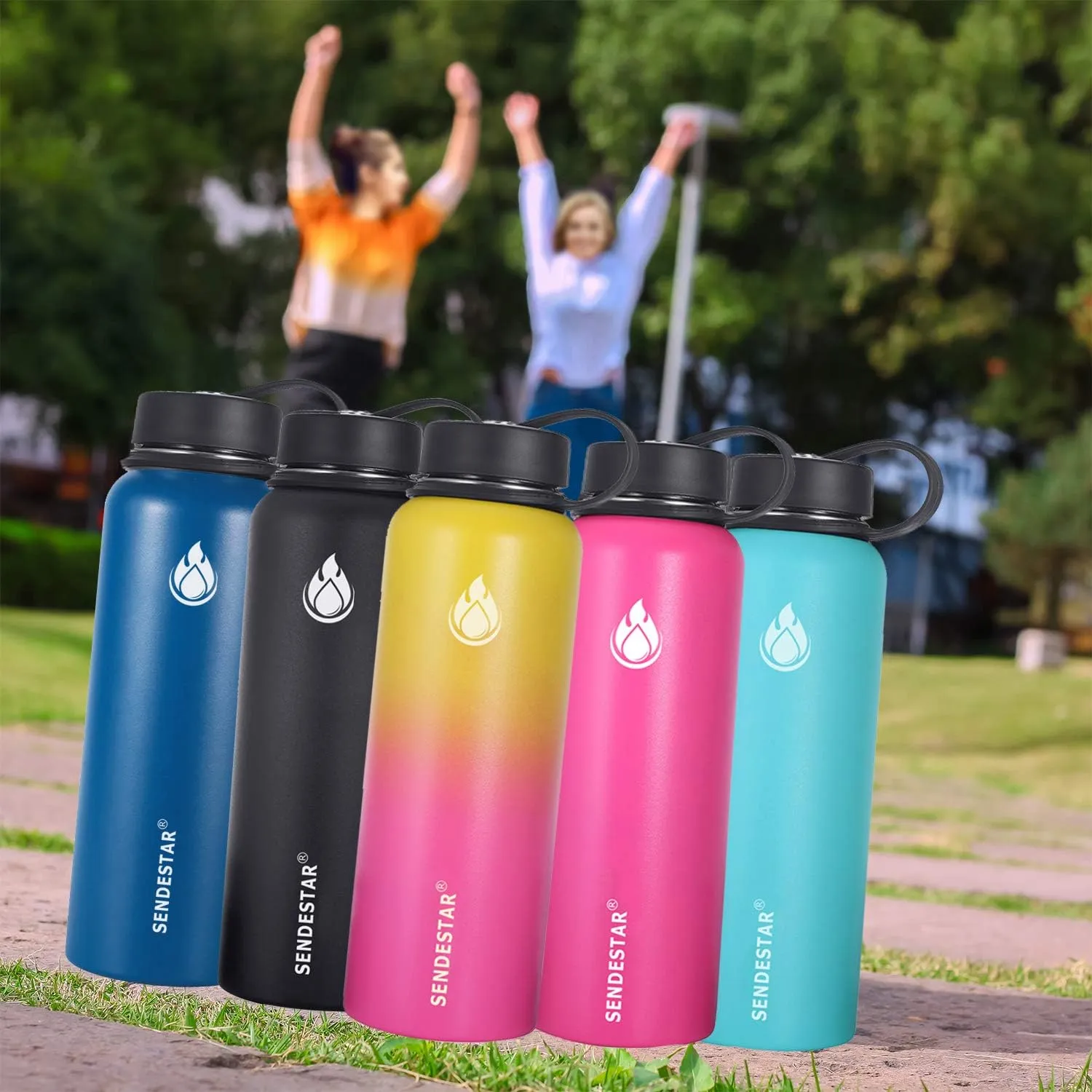 SENDESTAR 32 oz Double Wall Vacuum Insulated Leak Proof Stainless Steel Sports Water Bottle—Wide Mouth with Straw Lid & Flex Cap & Spout Lid (Yellow/Pink)