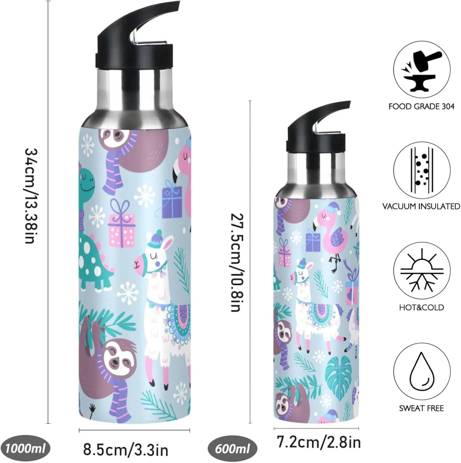 senya 20 Oz Water Bottle with Straw Animals Alpaca Llama Sloth Dinosaur Stainless Steel Water Bottle for Traveling Sports Leakproof Insulated