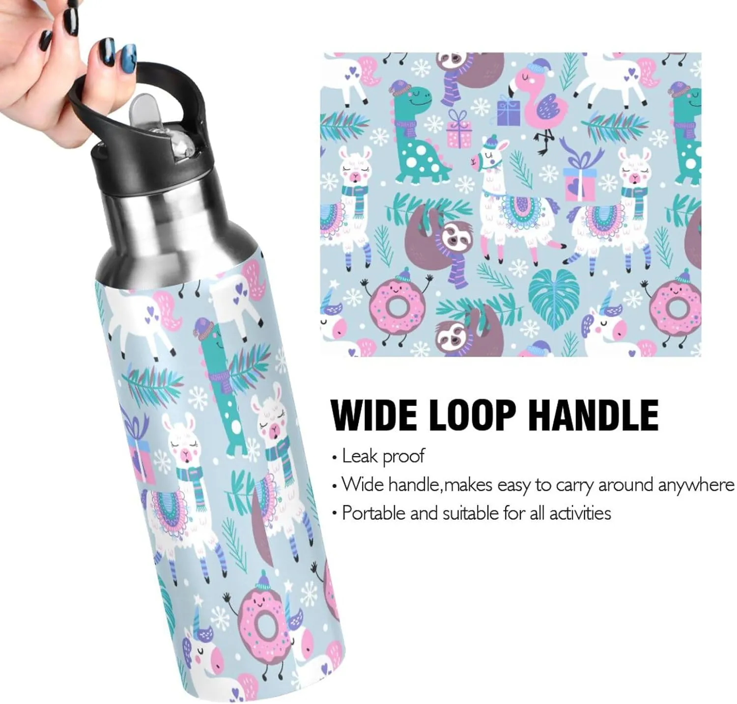 senya 20 Oz Water Bottle with Straw Animals Alpaca Llama Sloth Dinosaur Stainless Steel Water Bottle for Traveling Sports Leakproof Insulated