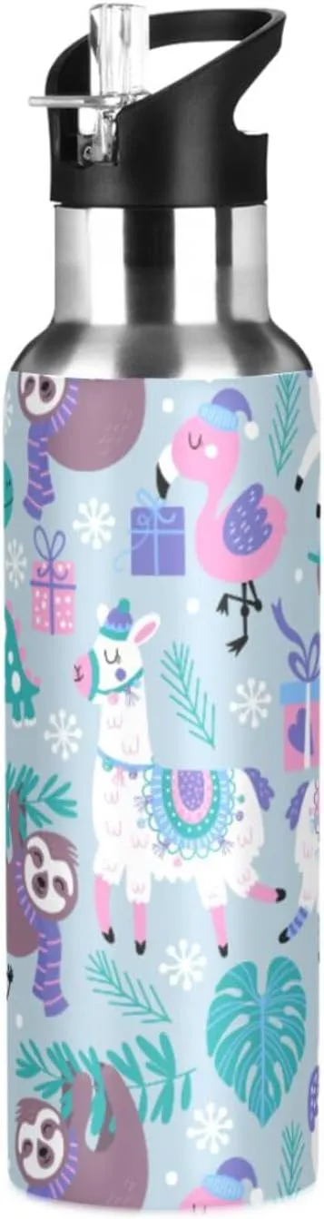 senya 20 Oz Water Bottle with Straw Animals Alpaca Llama Sloth Dinosaur Stainless Steel Water Bottle for Traveling Sports Leakproof Insulated