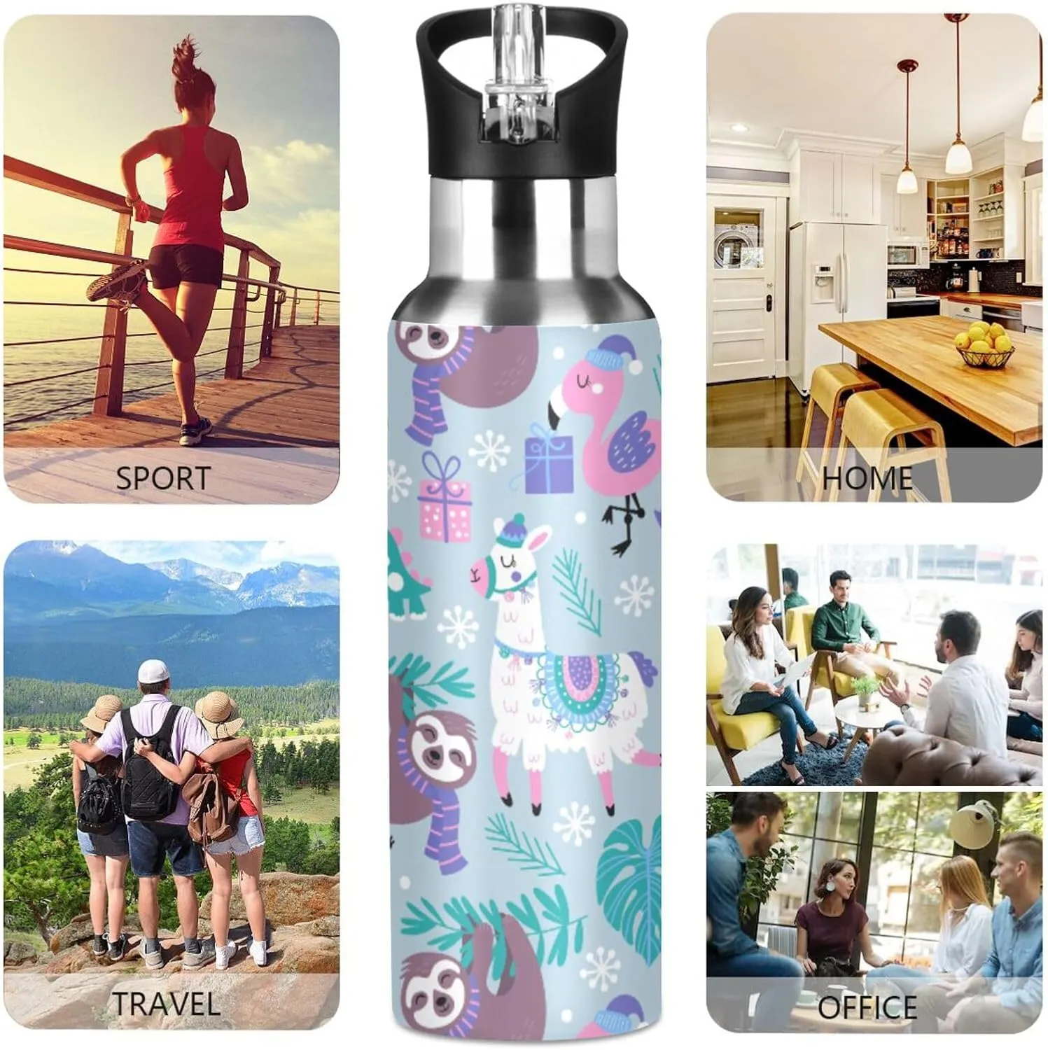senya 20 Oz Water Bottle with Straw Animals Alpaca Llama Sloth Dinosaur Stainless Steel Water Bottle for Traveling Sports Leakproof Insulated