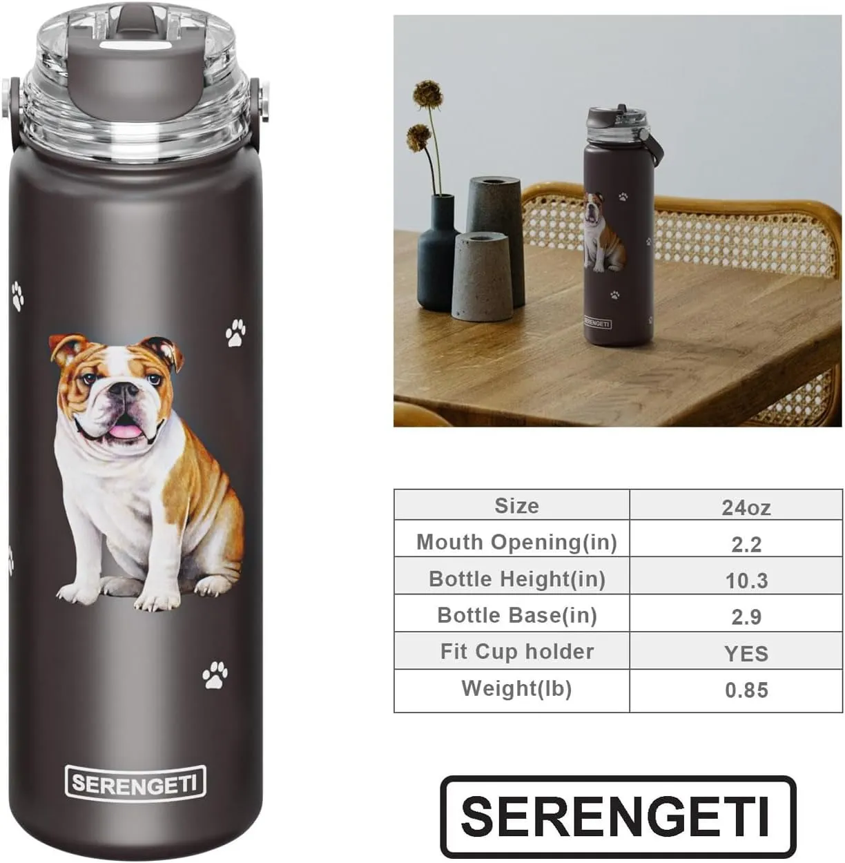 SERENGETI 24 Oz Water Bottle Stainless Steel with Spill Proof Lid - Double walled Vacuum Insulated water flask - Realistic 3D Print of your favorite dog (Basset Hound)