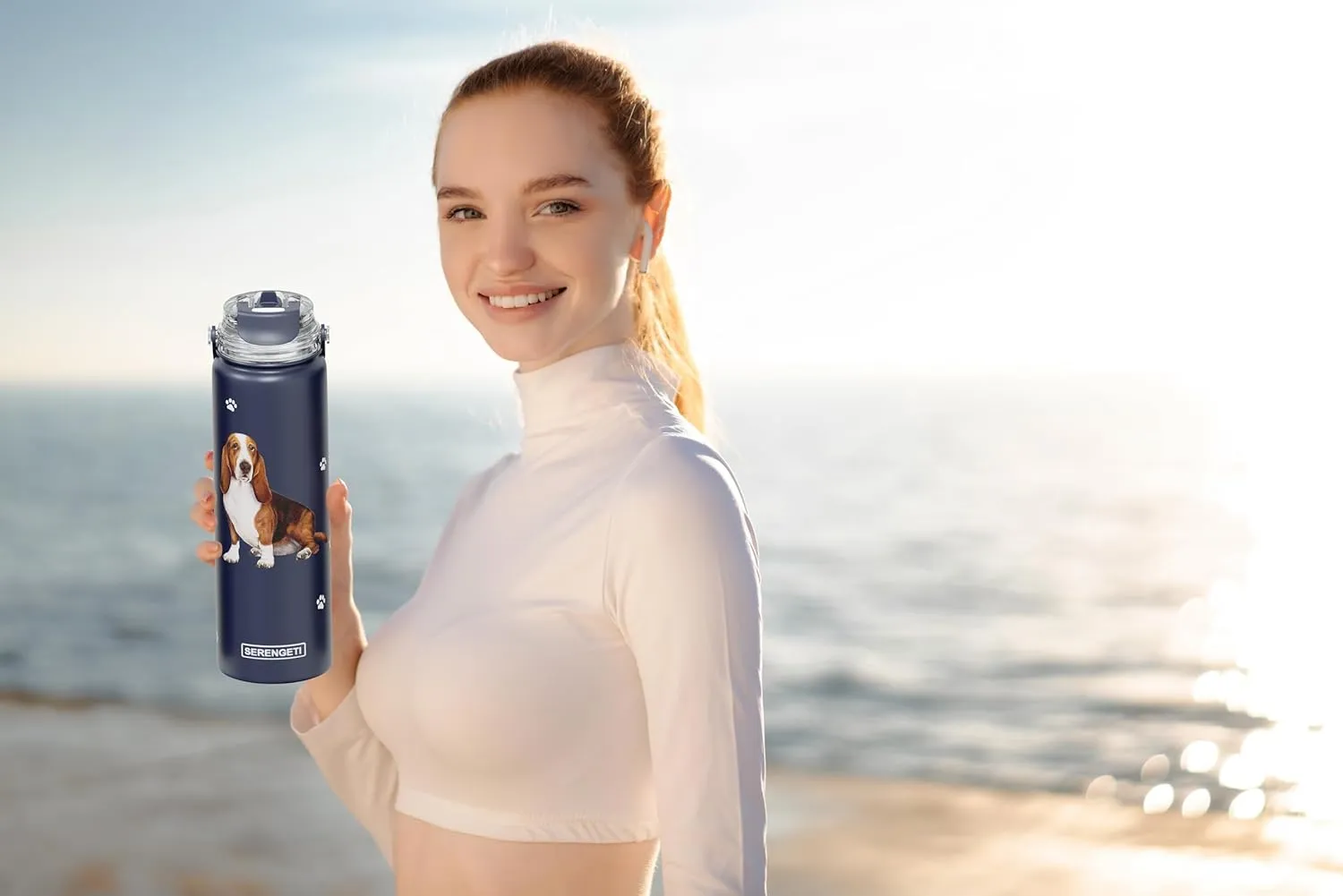 SERENGETI 24 Oz Water Bottle Stainless Steel with Spill Proof Lid - Double walled Vacuum Insulated water flask - Realistic 3D Print of your favorite dog (Basset Hound)