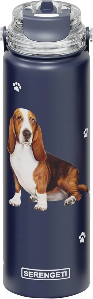 SERENGETI 24 Oz Water Bottle Stainless Steel with Spill Proof Lid - Double walled Vacuum Insulated water flask - Realistic 3D Print of your favorite dog (Basset Hound)