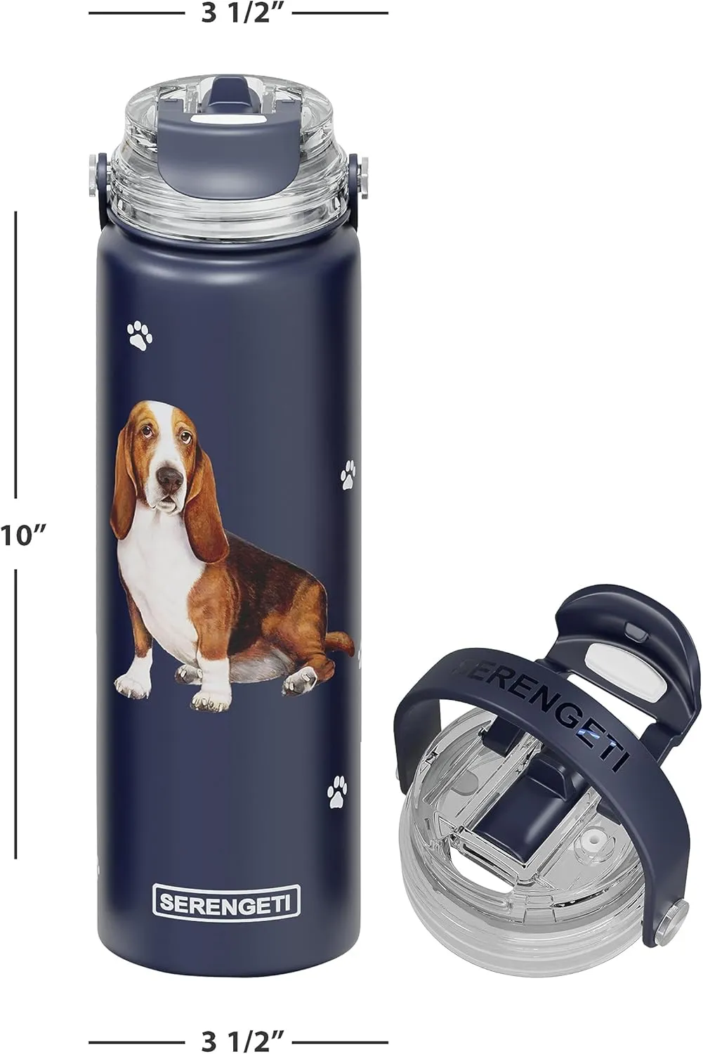 SERENGETI 24 Oz Water Bottle Stainless Steel with Spill Proof Lid - Double walled Vacuum Insulated water flask - Realistic 3D Print of your favorite dog (Basset Hound)