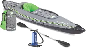 Sevylor QuickPak K5 24 Gauge PVC Polyester 1 Person Inflatable Kayak w/Hand Pump, Paddle, Double Lock Valves and Easy To Carry Backpack System, Gray