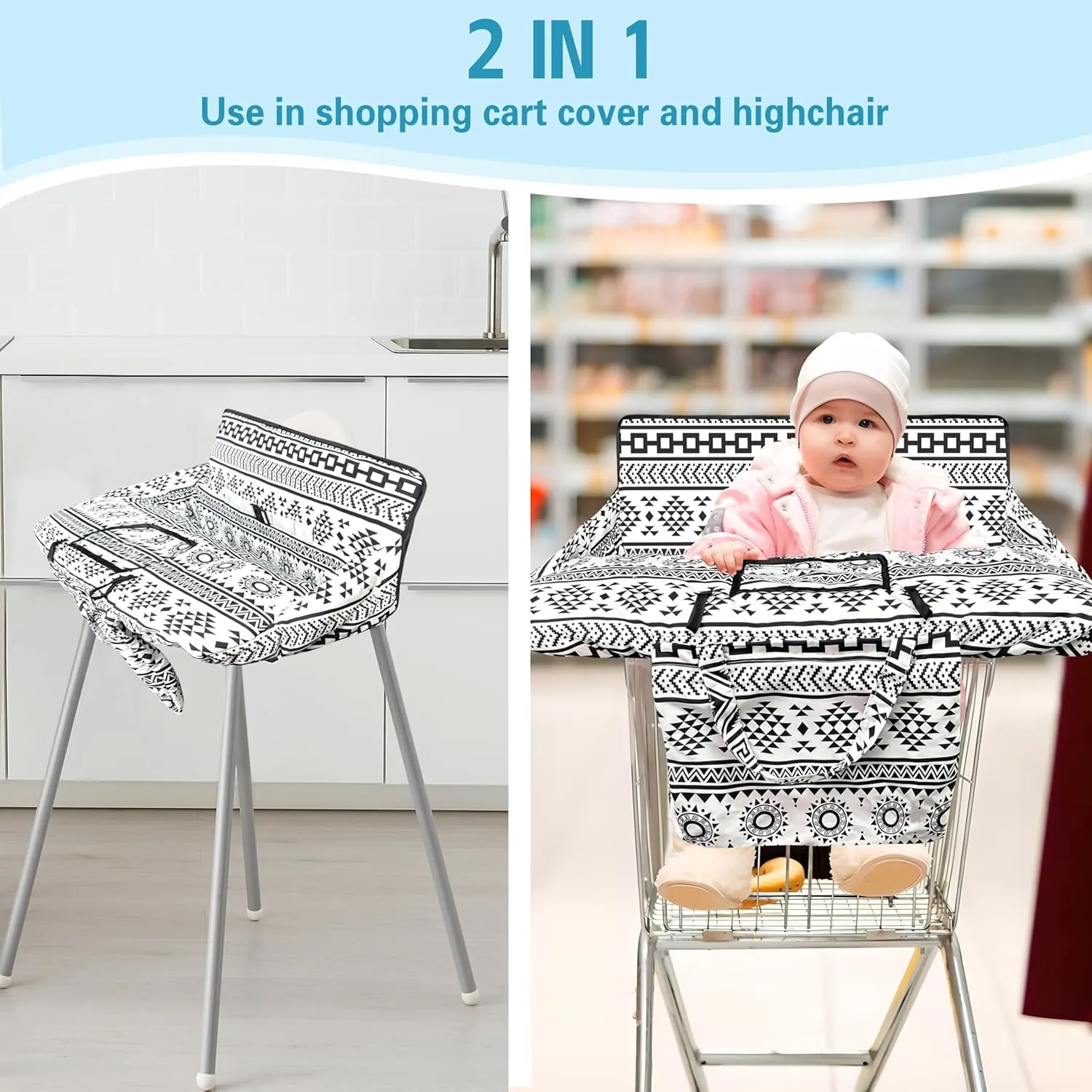 Shopping Cart Cover for Baby,2-in-1 High Chair Cover Soft,Portable, and Machine Washable,Comfortable Cotton Seat Pad with Safety Harness and Portable Cloth Bag,Fits All Supermarkets and Restaurants