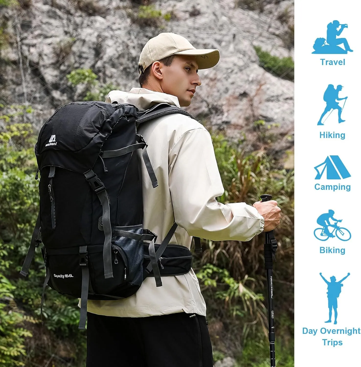 ShowyLive 70L Hiking Backpack Men/Women, Lightweight Camping Backpack, Foldable & Packable Daypack Backpacks for Outdoor, Travel Bag With Rain Cover (Black)