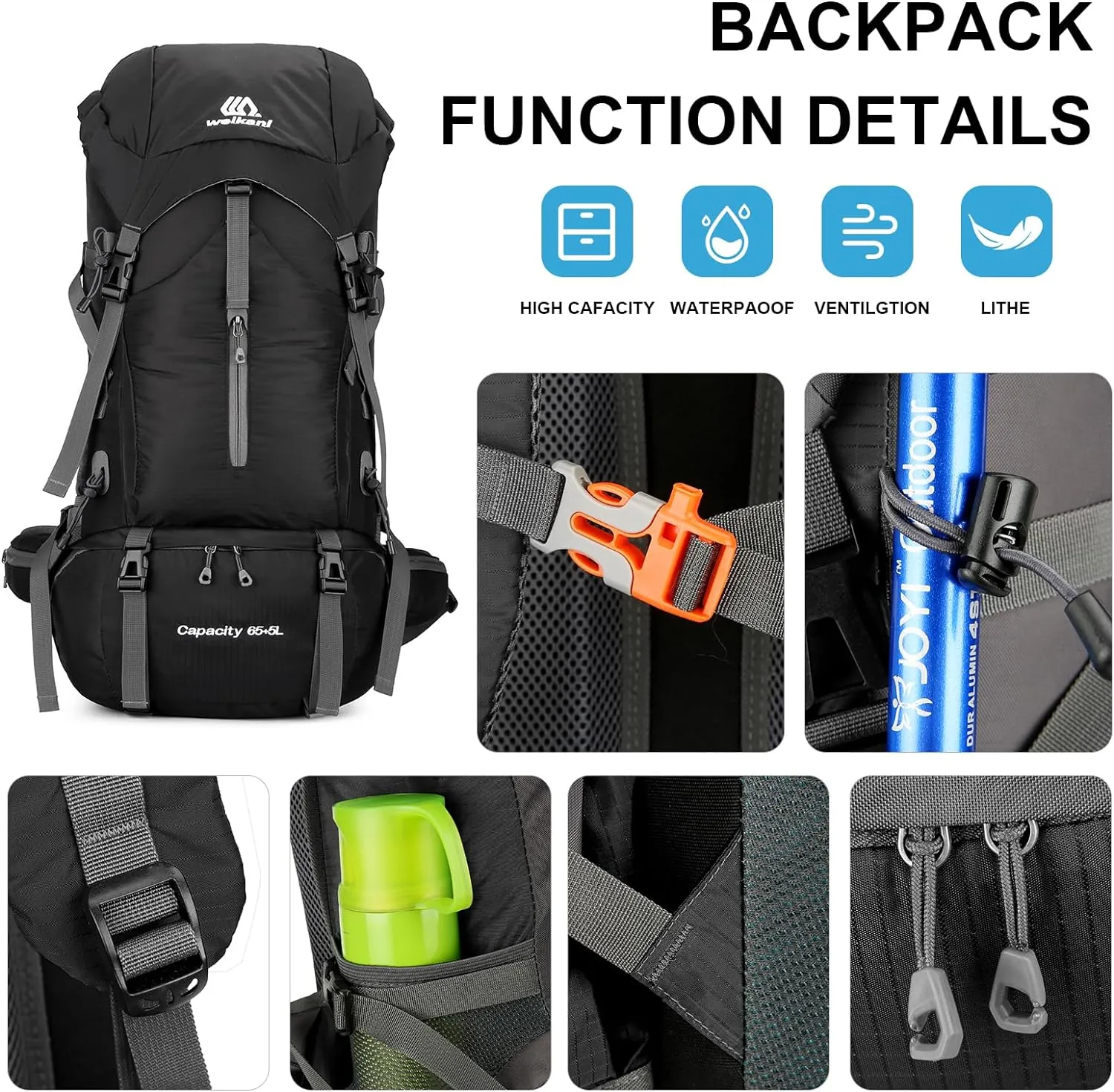 ShowyLive 70L Hiking Backpack Men/Women, Lightweight Camping Backpack, Foldable & Packable Daypack Backpacks for Outdoor, Travel Bag With Rain Cover (Black)