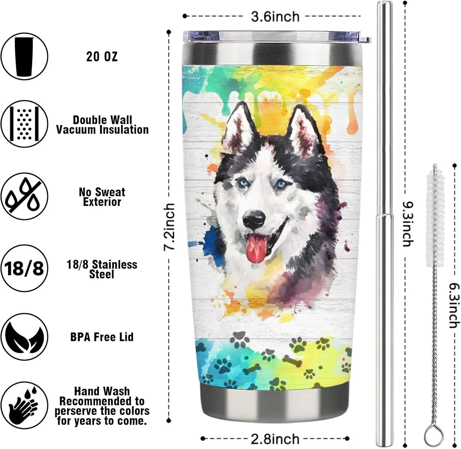 Siberian Husky Travel Tumbler-Vacuum Insulated Tumbler with Straw and Lid -20oz Stainless Steel Travel Mug for Dog Lovers (Siberian Husky)