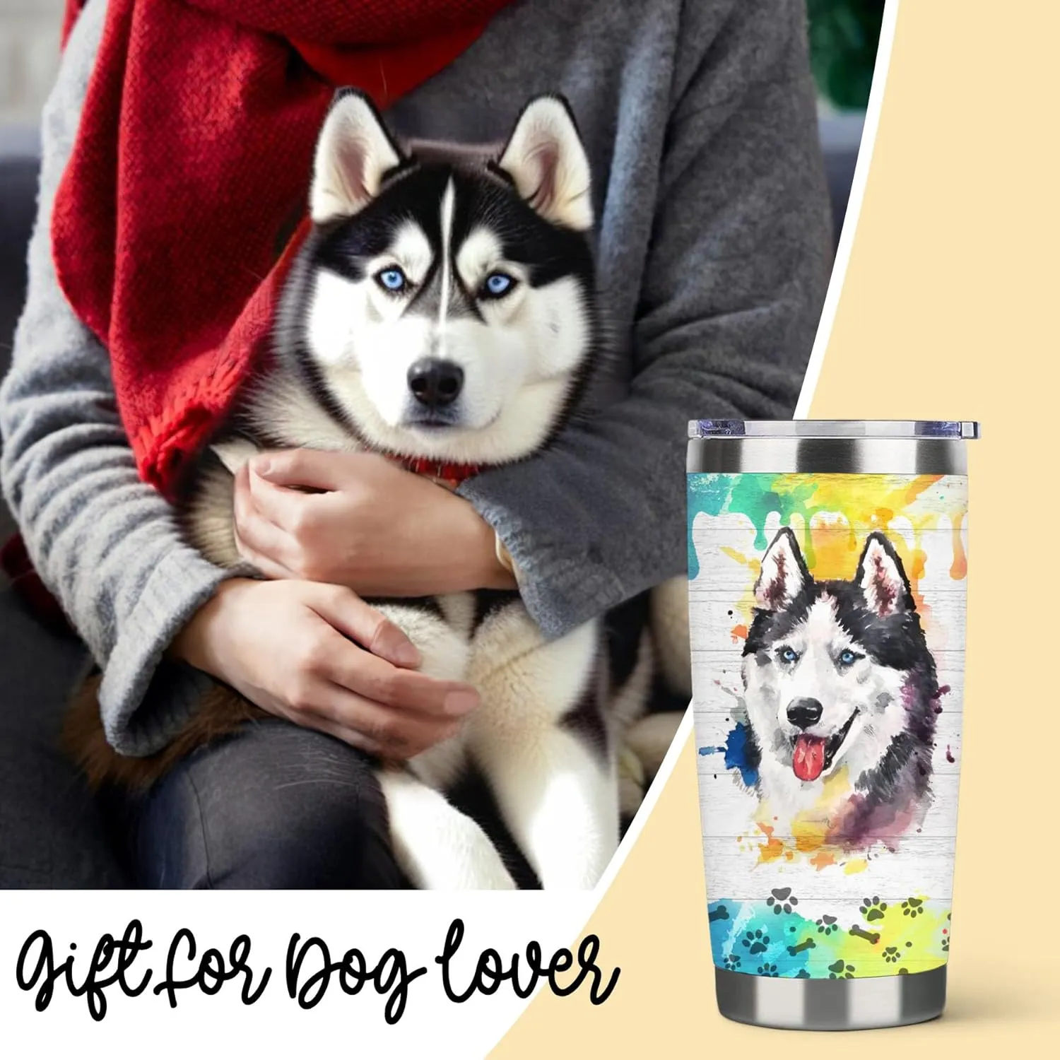 Siberian Husky Travel Tumbler-Vacuum Insulated Tumbler with Straw and Lid -20oz Stainless Steel Travel Mug for Dog Lovers (Siberian Husky)