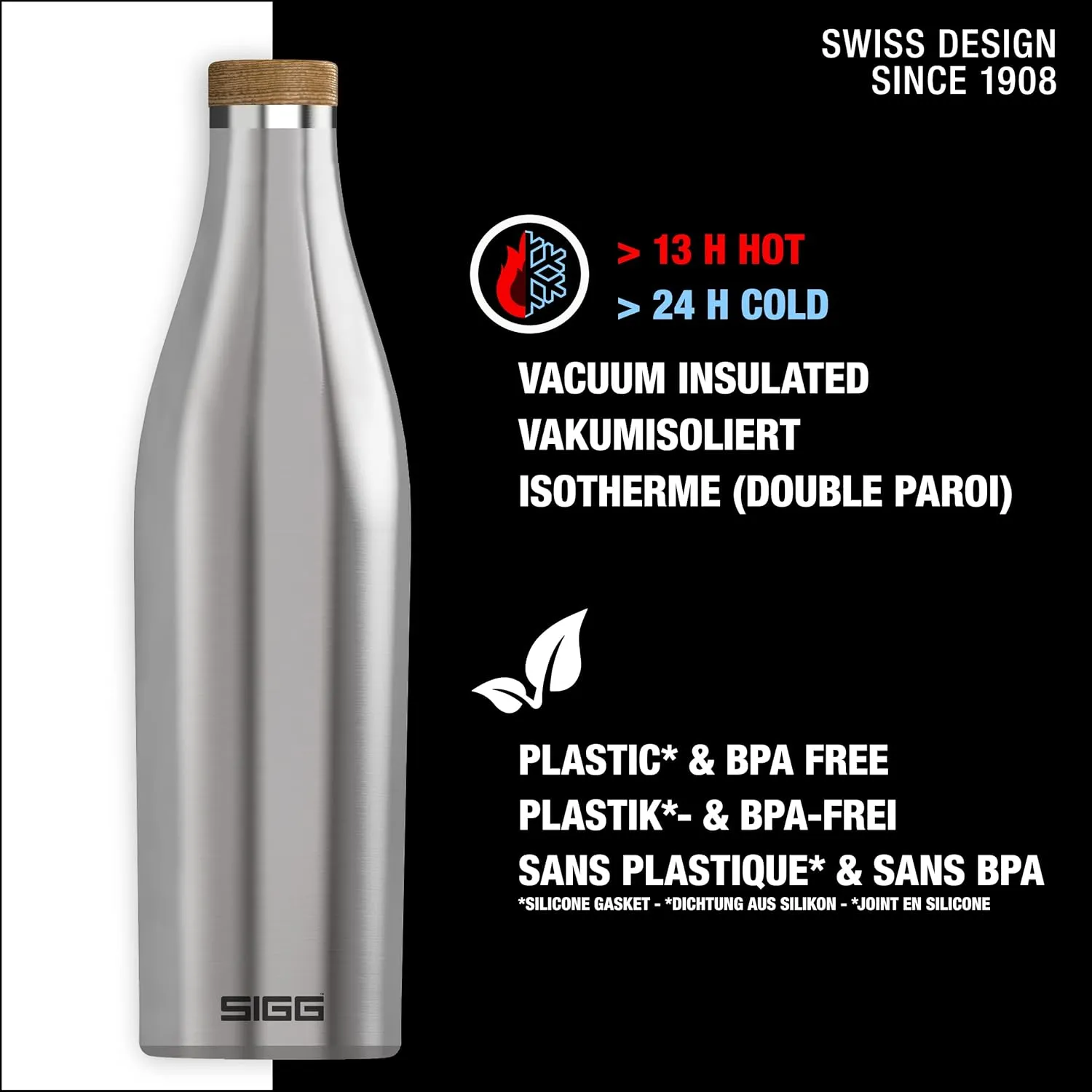 SIGG - Insulated Water Bottle - Meridian Brushed - Leakproof & Extra-Slim - BPA Free - Plastic Free - 18/8 Stainless Steel - Double Walled - Bamboo Screw Top - Brushed - 24 Oz