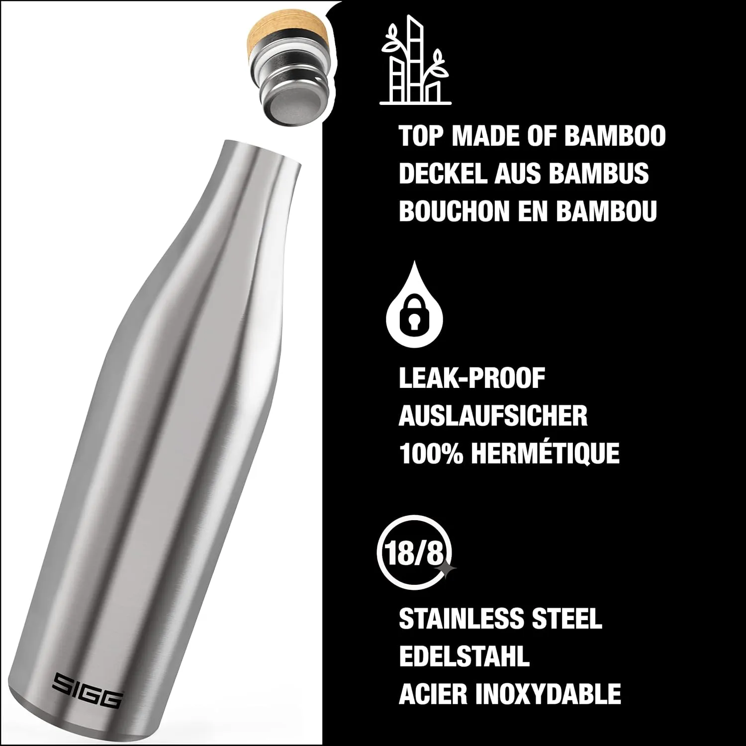 SIGG - Insulated Water Bottle - Meridian Brushed - Leakproof & Extra-Slim - BPA Free - Plastic Free - 18/8 Stainless Steel - Double Walled - Bamboo Screw Top - Brushed - 24 Oz