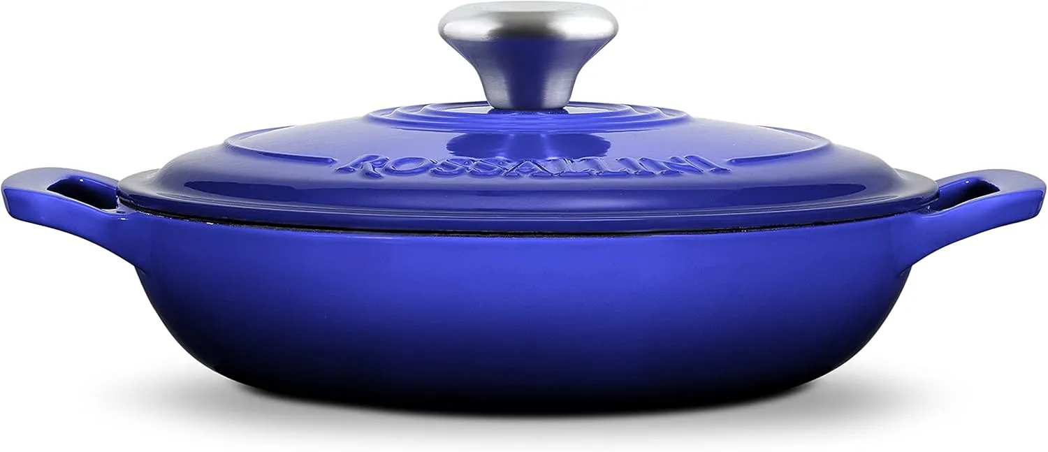 Signature Enameled Cast Iron Braiser, Non-Stick Serving Pot with Tight Fitting Lid for Perfect Roasting, Baking, Sauteing, Searing, and Pan Frying | 3.5Q (3.3L) - Indigo Blue