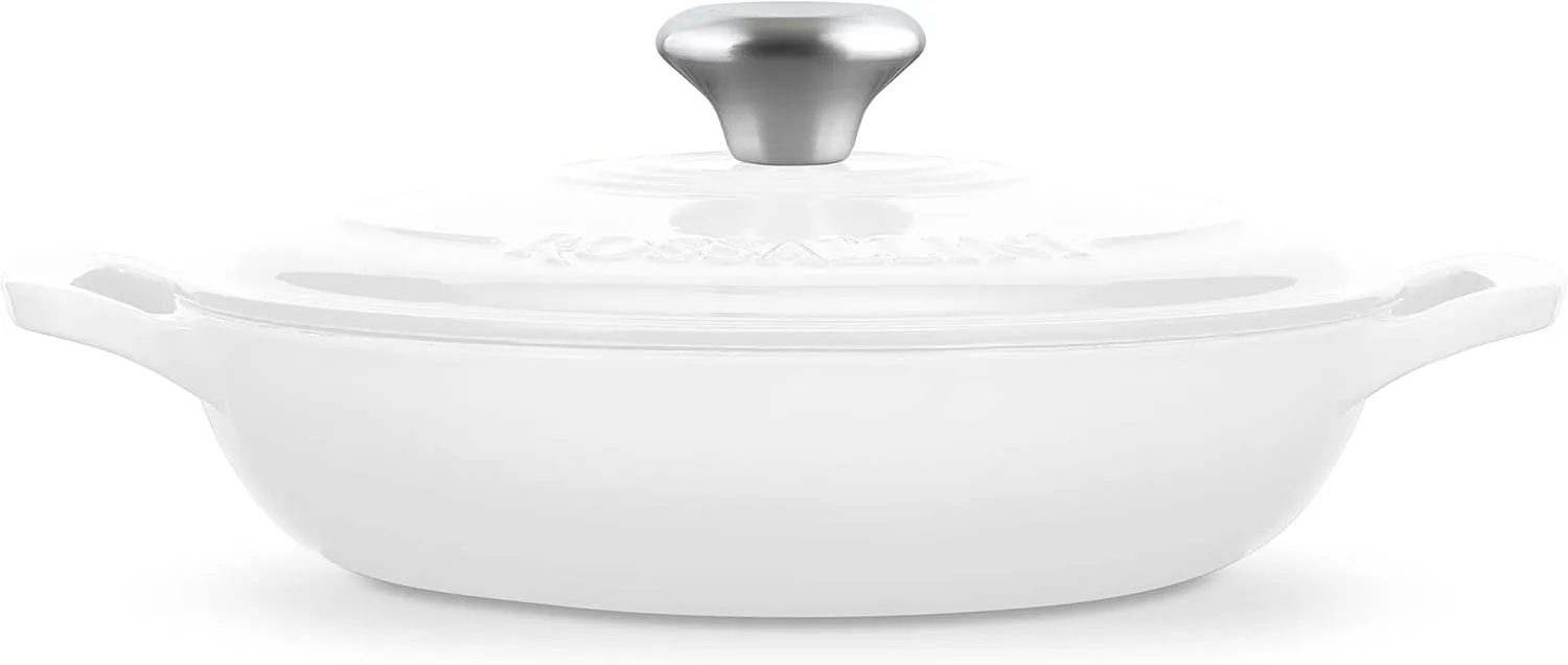 Signature Enameled Cast Iron Braiser, Non-Stick Serving Pot with Tight Fitting Lid for Perfect Roasting, Baking, Sauteing, Searing, and Pan Frying | 3.5Q (3.3L) - White
