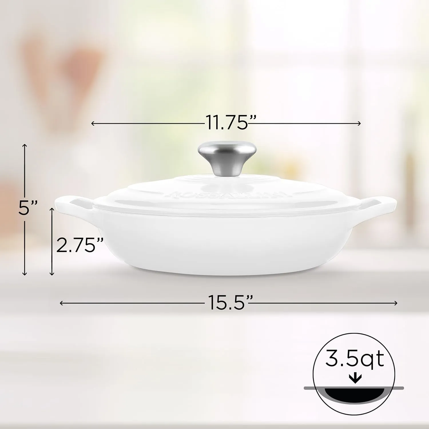 Signature Enameled Cast Iron Braiser, Non-Stick Serving Pot with Tight Fitting Lid for Perfect Roasting, Baking, Sauteing, Searing, and Pan Frying | 3.5Q (3.3L) - White