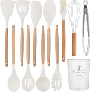 Silicon Cooking Utensils Set for Kitchen, 12 pcs Non-Stick Cooking Set 446°F Heat Resistant with Wooden Handle Spatula Turner Spoon Tongs Whisk,BPA-Free(Milk White)