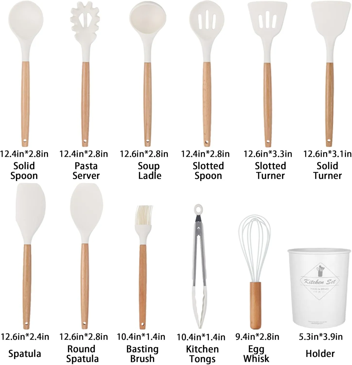 Silicon Cooking Utensils Set for Kitchen, 12 pcs Non-Stick Cooking Set 446°F Heat Resistant with Wooden Handle Spatula Turner Spoon Tongs Whisk,BPA-Free(Milk White)