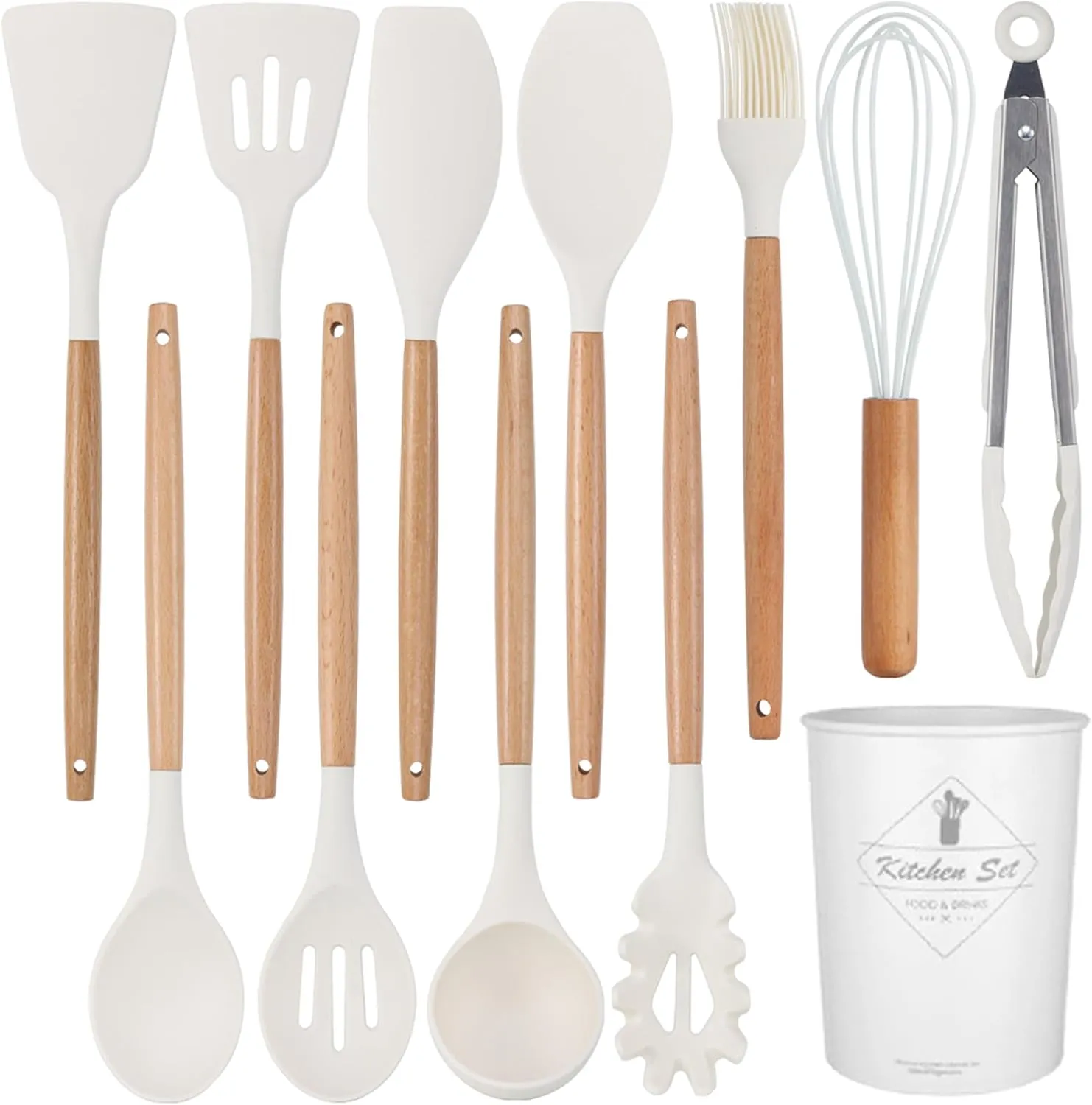 Silicon Cooking Utensils Set for Kitchen, 12 pcs Non-Stick Cooking Set 446°F Heat Resistant with Wooden Handle Spatula Turner Spoon Tongs Whisk,BPA-Free(Milk White)