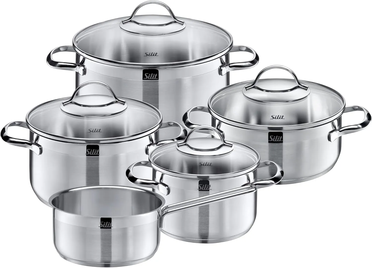 Silit Pot Set 5-Piece Achat Pouring Rim Glass Lid Stainless Steel Polished Suitable for Induction Hobs Dishwasher-Safe