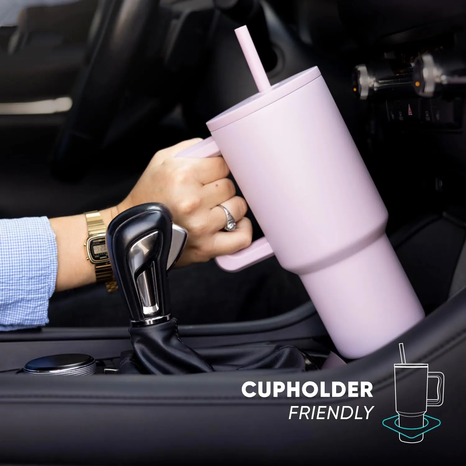 Simple Modern 40 oz Trek Tumbler with Handle and Straw Lid | Cup Holder Friendly Insulated Stainless Steel Travel Mug | Cream Leopard