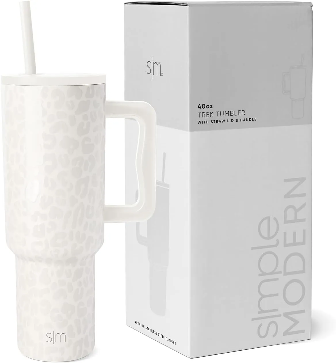 Simple Modern 40 oz Trek Tumbler with Handle and Straw Lid | Cup Holder Friendly Insulated Stainless Steel Travel Mug | Cream Leopard