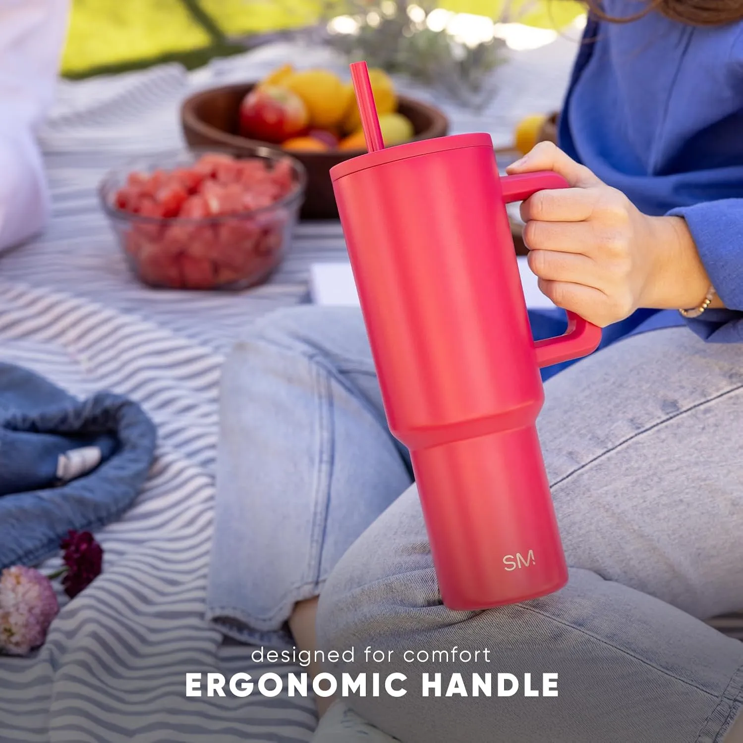Simple Modern 40 oz Trek Tumbler with Handle and Straw Lid | Cup Holder Friendly Insulated Stainless Steel Travel Mug | Cream Leopard