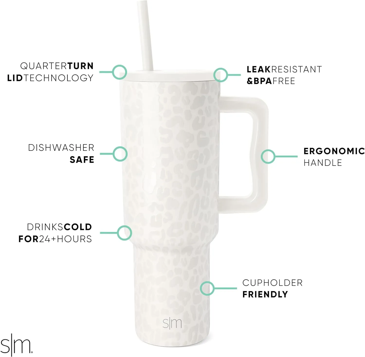 Simple Modern 40 oz Trek Tumbler with Handle and Straw Lid | Cup Holder Friendly Insulated Stainless Steel Travel Mug | Cream Leopard