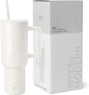 Simple Modern 40 oz Trek Tumbler with Handle and Straw Lid | Cup Holder Friendly Insulated Stainless Steel Travel Mug | Cream Leopard