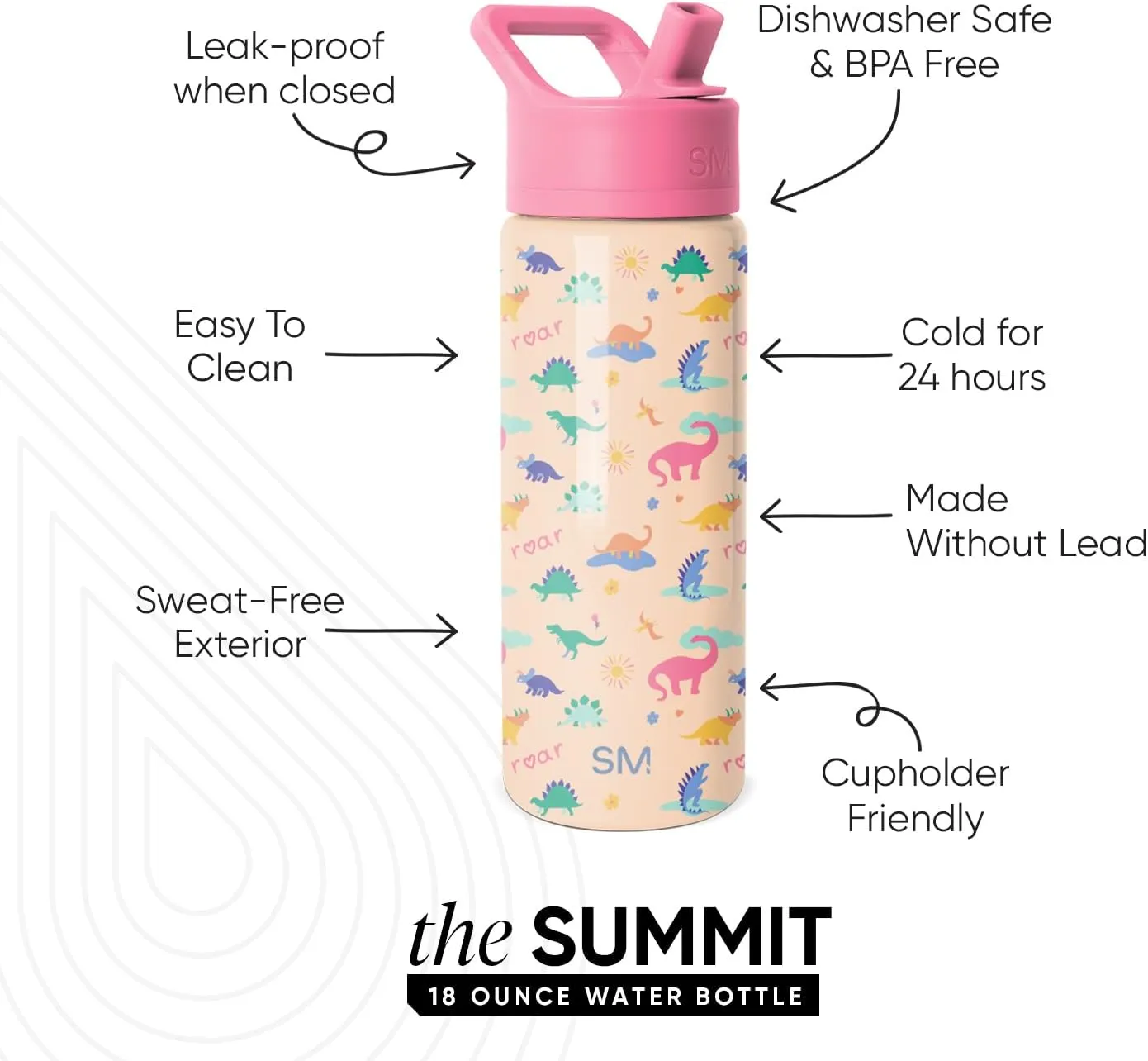 Simple Modern Kids Summit Water Bottle with Straw Lid | 18oz Stainless Steel Cup Insulated Tumbler for Toddlers, School | Dinosaura