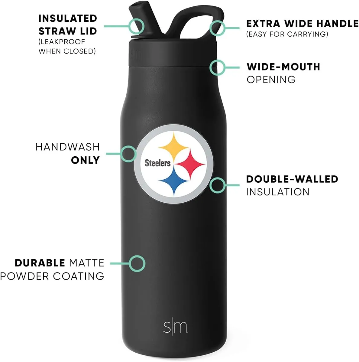 Simple Modern Officially Licensed NFL Pittsburgh Steelers Water Bottle with Straw Lid | Leak Proof Insulated Stainless Steel Travel Thermos | Gifts for Men Women| Mesa Collection | Pittsburgh Steelers