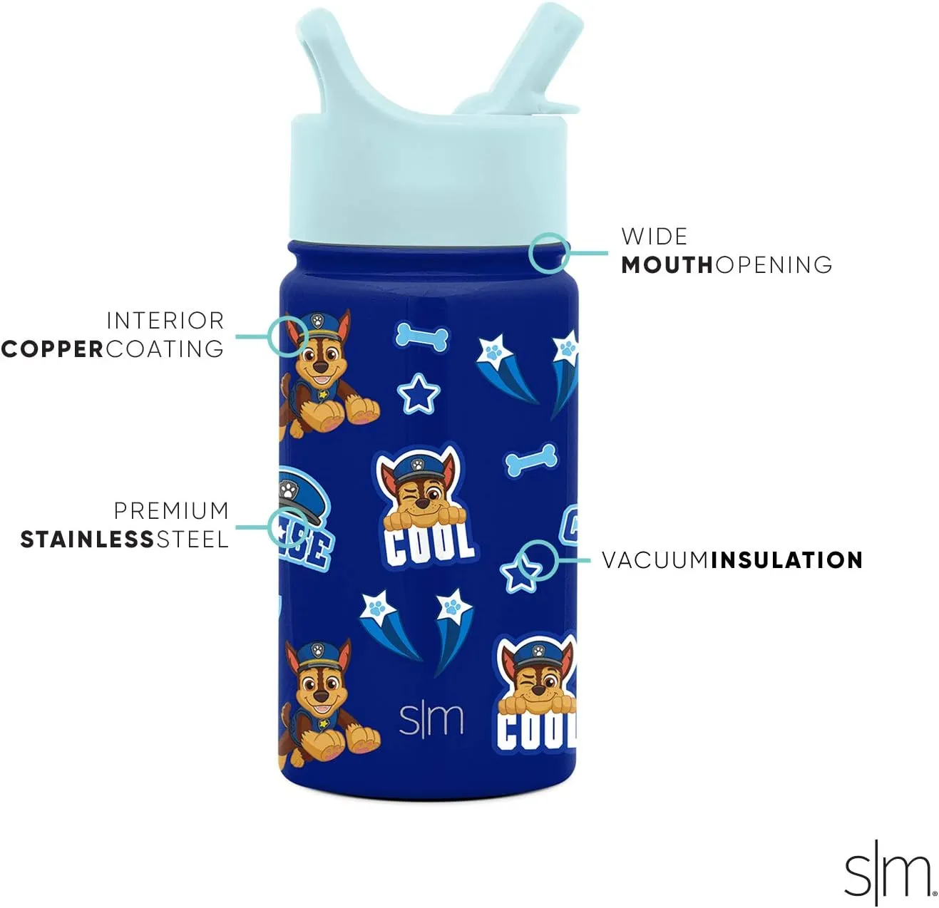 Simple Modern Paw Patrol Kids Water Bottle with Straw Insulated Stainless Steel Toddler Cup for Boys, Girls, School | Summit Collection | 14oz, Chase on the Case