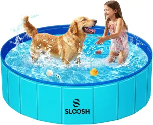 Sloosh Foldable Dog Kiddie Pool - Portable Hard Plastic Doggie Swimming Pool, Anti-Slip Collapsible Pets Bath Tub Suitable for Kids Indoor Outdoor Backyard Use (48" x 12", Blue)