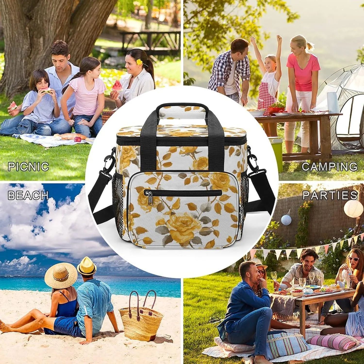 Soft Cooler Bag, 22L Collapsible Beach Cooler Bag,Beach Colored Pebbles Printed Portable Ice Chest Leakproof Travel Cooler for Picnic, Outdoor Trip