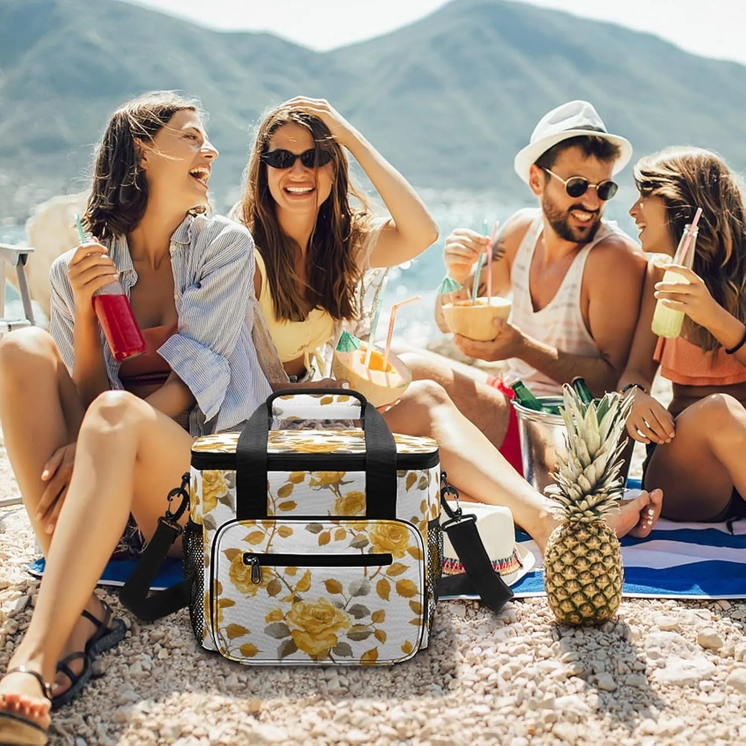 Soft Cooler Bag, 22L Collapsible Beach Cooler Bag,Beach Colored Pebbles Printed Portable Ice Chest Leakproof Travel Cooler for Picnic, Outdoor Trip