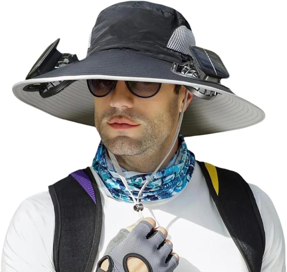 Solar Fan Hat for Men Women, Wide Brim Solar Fan Hat Outdoor Fishing, Solar and USB Charging, UPF 50  Bucket Fishing and Beach Hat