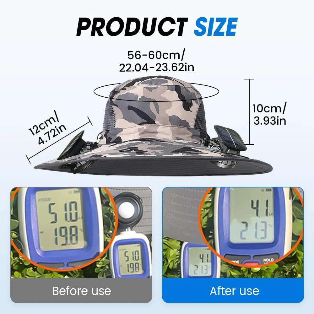 Solar Fan Hat for Men Women, Wide Brim Solar Fan Hat Outdoor Fishing, Solar and USB Charging, UPF 50  Bucket Fishing and Beach Hat