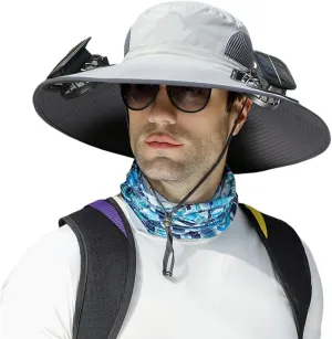 Solar Fan Hat for Men Women, Wide Brim Solar Fan Hat Outdoor Fishing, Solar and USB Charging, UPF 50  Bucket Fishing and Beach Hat