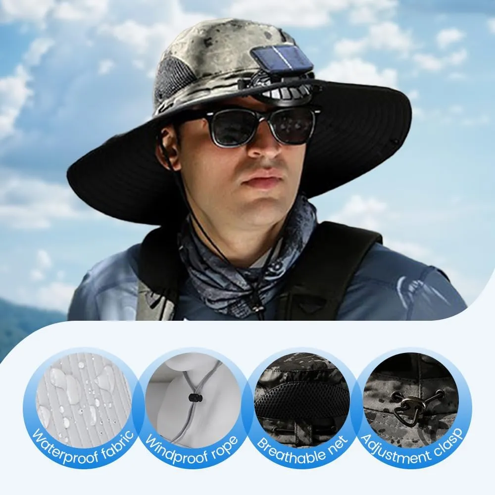 Solar Fan Hat for Men Women, Wide Brim Solar Fan Hat Outdoor Fishing, Solar and USB Charging, UPF 50  Bucket Fishing and Beach Hat