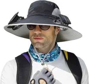 Solar Fan Hat for Men Women, Wide Brim Solar Fan Hat Outdoor Fishing, Solar and USB Charging, UPF 50  Bucket Fishing and Beach Hat